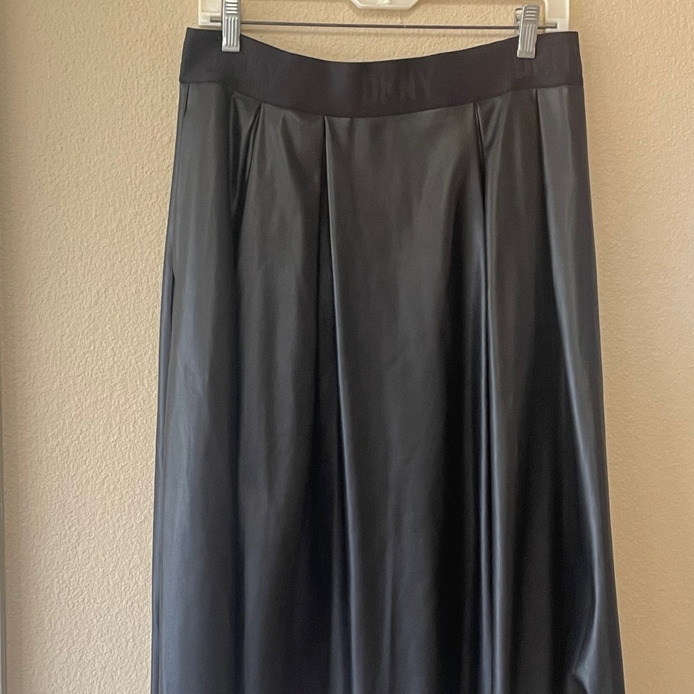 DKNY Black Faux Leather Midi Skirt
